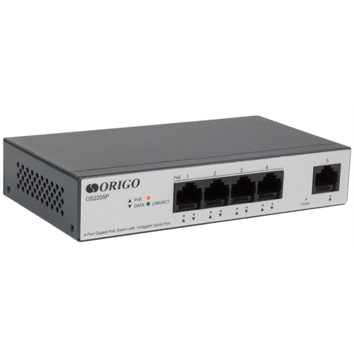 ORIGO Неуправляемый PoE-коммутатор, 4x1000Base-T PoE, 1x1000Base-T, PoE-бюджет 60 Вт, корпус металл