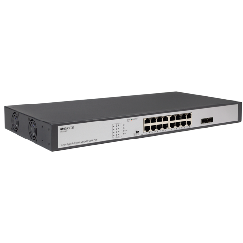 ORIGO Неуправляемый PoE-коммутатор, 16x1000Base-T PoE, 2x1000Base-X SFP, PoE-бюджет 250 Вт, PoE до 250 м, комплект для установки в 19