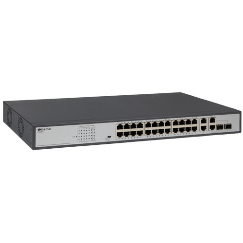 ORIGO Неуправляемый PoE-коммутатор, 26x1000Base-T (24x1000Base-T PoE), 2xCombo 1000Base-T/SFP, PoE-бюджет 370 Вт, PoE до 250 м, комплект для установки в 19