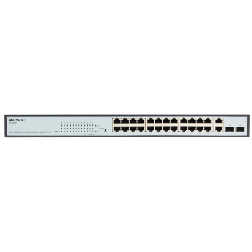 ORIGO Настраиваемый L2 PoE-коммутатор, 24x100Base-TX PoE, 2xCombo 1000Base-T/SFP, PoE-бюджет 280 Вт, комплект для установки в 19