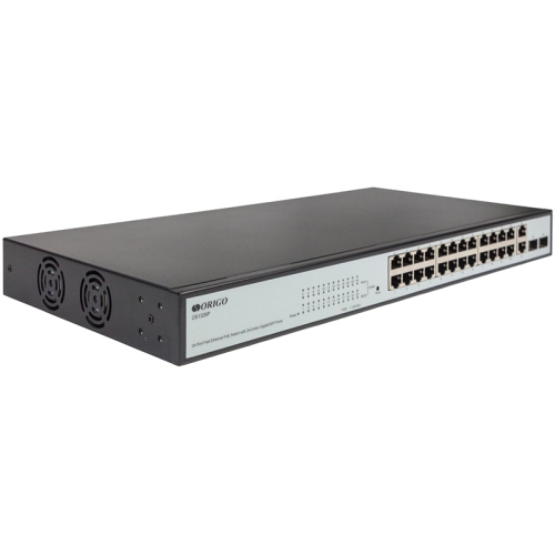 ORIGO Настраиваемый L2 PoE-коммутатор, 24x100Base-TX PoE, 2xCombo 1000Base-T/SFP, PoE-бюджет 280 Вт, комплект для установки в 19