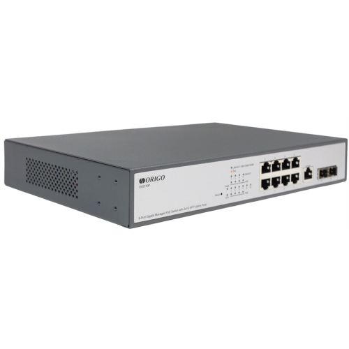 ORIGO Управляемый L2 PoE-коммутатор, 8x1000Base-T PoE, 2x1000Base-X SFP, PoE-бюджет 135 Вт, консольный порт RJ-45, комплект для установки в 19