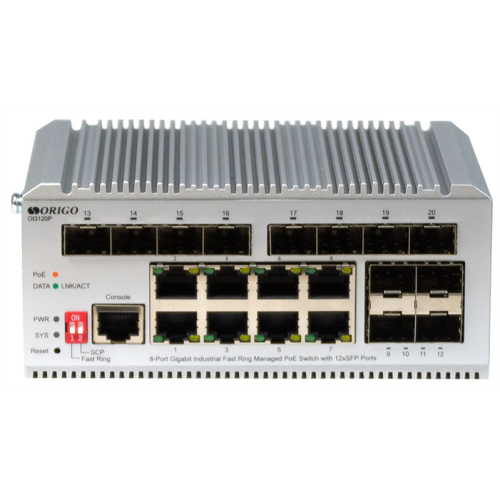 ORIGO Промышленный управляемый L2 PoE-коммутатор, 8x1000Base-T PoE, 12x1000Base-X SFP, PoE-бюджет 185 Вт, защита от статического электричества до 4 кВ, -40..75°C