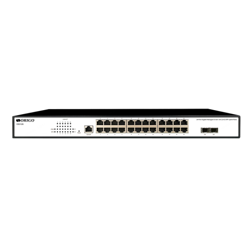 ORIGO Управляемый L2 коммутатор, 24x1000Base-T, 2x1000Base-X SFP, консольный порт RJ-45, комплект для установки в 19