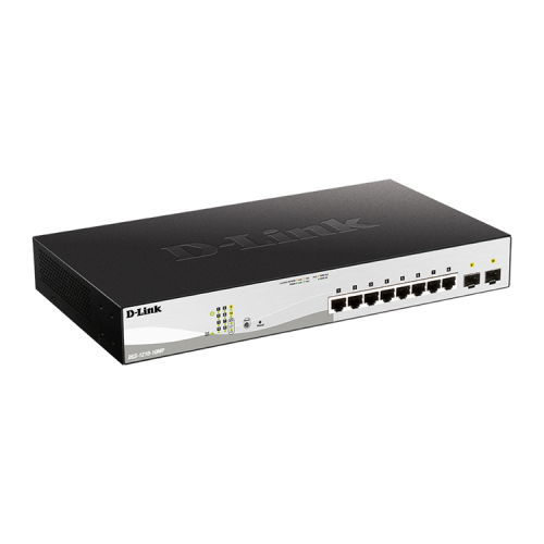 D-Link Управляемый L2 PoE-коммутатор, 8x1000Base-T PoE, 2x1000Base-X SFP, PoE-бюджет 130 Вт, защита от статического электричества до 6 кВ, CLI