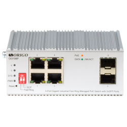 ORIGO Промышленный управляемый L2 PoE-коммутатор, 4x1000Base-T PoE, 2x1000Base-X SFP, PoE-бюджет 60 Вт, защита от статического электричества до 4 кВ, -40..75°C