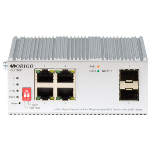 ORIGO Промышленный управляемый L2 PoE-коммутатор, 4x1000Base-T PoE, 2x1000Base-X SFP, PoE-бюджет 60 Вт, защита от статического электричества до 4 кВ, -40..75°C