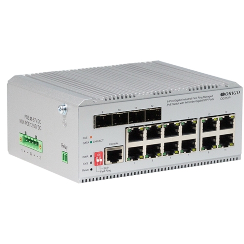 ORIGO Промышленный управляемый L2 PoE-коммутатор, 8x1000Base-T PoE, 4xCombo 1000Base-T/SFP, PoE-бюджет 185 Вт, защита от статического электричества до 4 кВ, -40..75°C