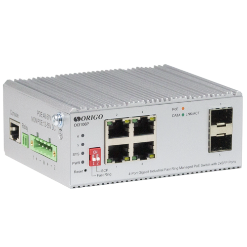 ORIGO Промышленный управляемый L2 PoE-коммутатор, 4x1000Base-T PoE, 2x1000Base-X SFP, PoE-бюджет 60 Вт, защита от статического электричества до 4 кВ, -40..75°C