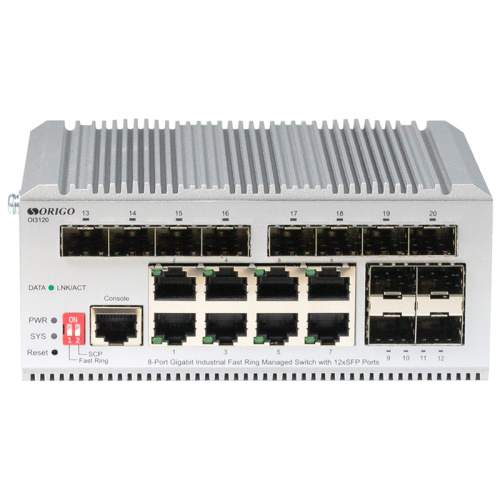 ORIGO Промышленный управляемый L2 коммутатор, 8x1000Base-T, 12x1000Base-X SFP, защита от статического электричества до 4 кВ, -40..75°C