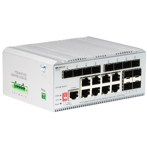 ORIGO Промышленный управляемый L2 коммутатор, 8x1000Base-T, 12x1000Base-X SFP, защита от статического электричества до 4 кВ, -40..75°C