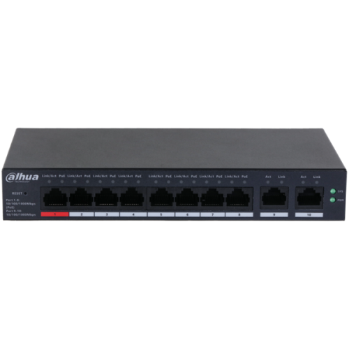 DAHUA 8-портовый гигабитный PoE коммутатор с функцией облачного управления Порты: 8 RJ45 10/100/1000Мбит/с (PoE/PoE+/Hi-PoE), 2 RJ45 10/100/1000Мбит/с (uplink); мощность PoE: порт 1 до 60Вт, порты 2~4