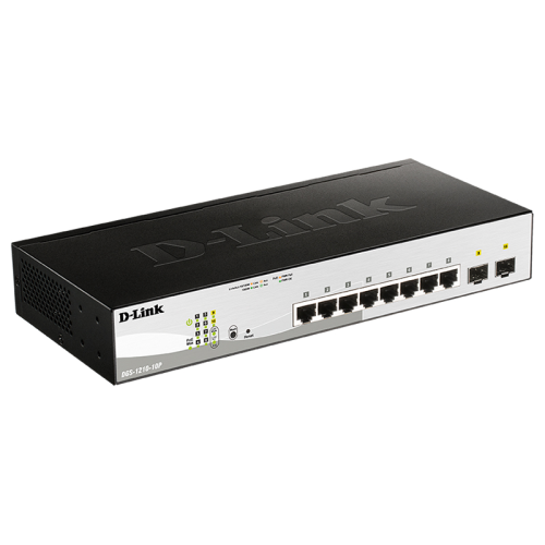 D-Link Управляемый L2 PoE-коммутатор, 8x1000Base-T PoE, 2x1000Base-X SFP, PoE-бюджет 65 Вт, защита от статического электричества до 6 кВ, CLI