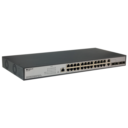 ORIGO Управляемый L2 PoE-коммутатор, 24x1000Base-T PoE, 2x1000Base-X SFP, 2xCombo 1000Base-T/SFP, PoE-бюджет 250 Вт, консольный порт RJ-45, комплект для установки в 19