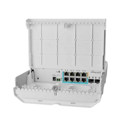 MikroTik netPower Lite 7R with 8 x Gigabit Ethernet ports (7 with Reverse POE-in, 1 with PoE-OUT), 2 x SFP+ cages, SwitchOS, outdoor enclosure, mounting kit (power supply NOT included)