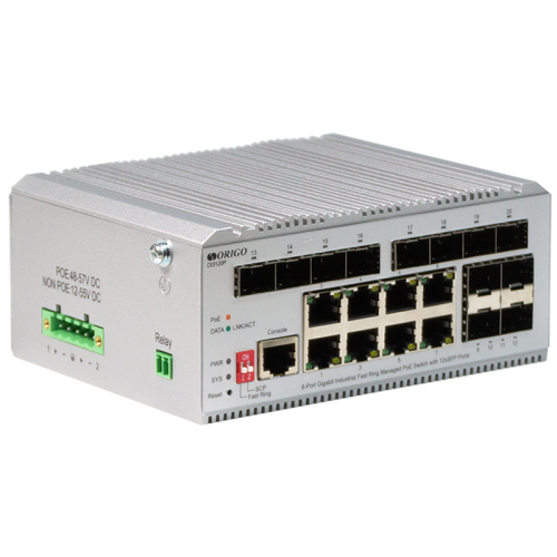 ORIGO Промышленный управляемый L2 PoE-коммутатор, 8x1000Base-T PoE, 12x1000Base-X SFP, PoE-бюджет 185 Вт, защита от статического электричества до 4 кВ, -40..75°C