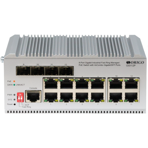 ORIGO Промышленный управляемый L2 PoE-коммутатор, 8x1000Base-T PoE, 4xCombo 1000Base-T/SFP, PoE-бюджет 185 Вт, защита от статического электричества до 4 кВ, -40..75°C