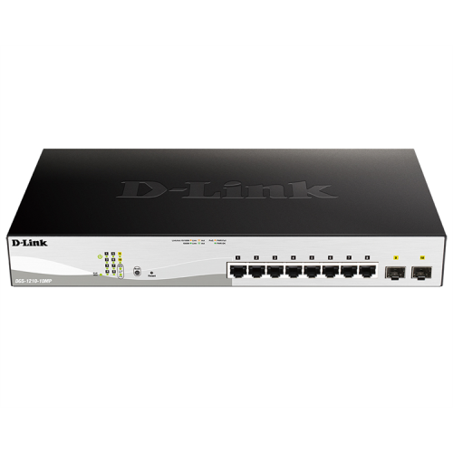 D-Link Управляемый L2 PoE-коммутатор, 8x1000Base-T PoE, 2x1000Base-X SFP, PoE-бюджет 130 Вт, защита от статического электричества до 6 кВ, CLI