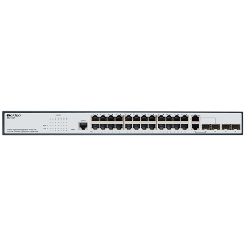 ORIGO Управляемый L2 PoE-коммутатор, 24x1000Base-T PoE, 2x1000Base-X SFP, 2xCombo 1000Base-T/SFP, PoE-бюджет 250 Вт, консольный порт RJ-45, комплект для установки в 19