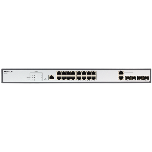 ORIGO Управляемый L2 PoE-коммутатор, 16x1000Base-T PoE, 2x1000Base-X SFP, 2xCombo 1000Base-T/SFP, PoE-бюджет 250 Вт, консольный порт RJ-45, комплект для установки в 19