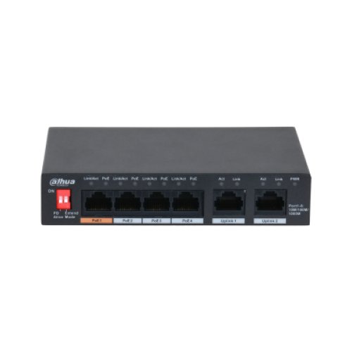 DAHUA 4-портовый неуправляемый коммутатор с РоЕ Порты: 4 RJ45 10/100/1000Мбит/с (PoE/PoE+/Hi-PoE), 2 RJ45 10/100/1000Мбит/с (uplink); мощность PoE: 1 до 60Вт, порты: 2~4 до 30Вт, суммарно до 60Вт; PoE