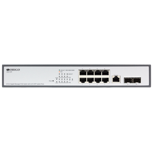 ORIGO Управляемый L2 PoE-коммутатор, 8x1000Base-T PoE, 2x1000Base-X SFP, PoE-бюджет 135 Вт, консольный порт RJ-45, комплект для установки в 19