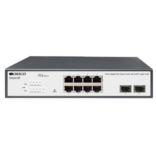 ORIGO Настраиваемый L2 PoE-коммутатор 8x1000Base-T PoE, 2x1000Base-X SFP, PoE-бюджет 120 Вт, комплект для установки в 19