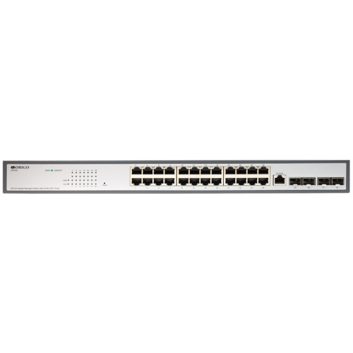 ORIGO Управляемый L3 коммутатор, 24x1000Base-T, 4x10GBase-X SFP+, консольный порт RJ-45, комплект для установки в 19