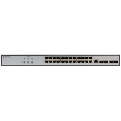 ORIGO Управляемый L3 PoE-коммутатор, 24x1000Base-T PoE, 4x10GBase-X SFP+, PoE-бюджет 250 Вт, консольный порт RJ-45, комплект для установки в 19