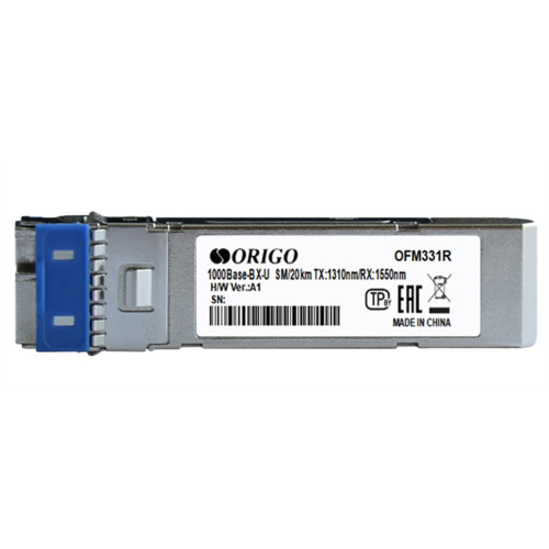 ORIGO WDM SFP-трансивер, 1000Base-BX-U (Simplex LC), Tx:1310 нм, Rx:1550 нм, для одномодового кабеля, до 20 км