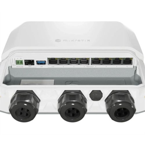 MikroTik RB5009UPR+S+OUToutdoor heavy-duty PoE router1x 2.5 Gigabit Ethernet, 10G SFP+, 1GB of RAM, 1GB NAND, modern quad-core CPU, 9 (!) powering options, durable IP66 waterproof enclosure.