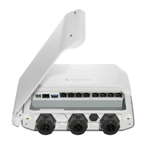 MikroTik RB5009UPR+S+OUToutdoor heavy-duty PoE router1x 2.5 Gigabit Ethernet, 10G SFP+, 1GB of RAM, 1GB NAND, modern quad-core CPU, 9 (!) powering options, durable IP66 waterproof enclosure.