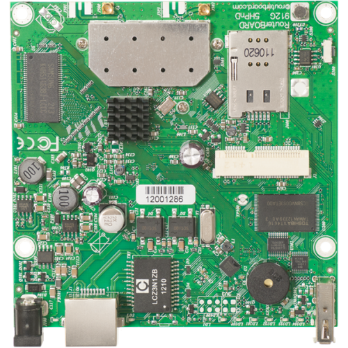 MikroTik RouterBOARD 912UAG with 600Mhz Atheros CPU, 64MB RAM, 1xGigabit LAN, USB, miniPCIe, built-in 5Ghz 802.11a/n 2x2 two chain wireless, 2xMMCX connectors, RouterOS L4