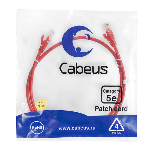 Cabeus PC-UTP-RJ45-Cat.5e-1m-RD-LSZH Патч-корд U/UTP, категория 5е, 2xRJ45/8p8c, неэкранированный, красный, LSZH, 1м