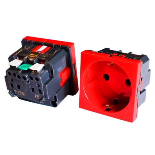 Розетка электрическая Mosaic одинарная с заземлением и шторками, безвинтовое подключение, красная