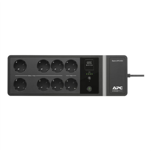 APC Back-UPS ES 650VA/400W, 230V, 8 Schuko (2 Surge & 6 batt.), USB, USB charge(type A), Data/DSL protection,(BE650G2-RS analogue), 1 year warranty