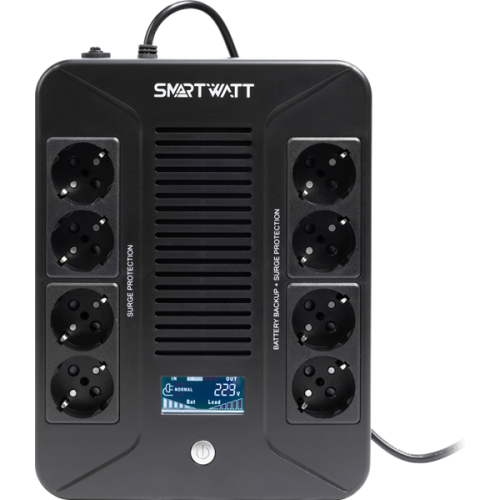 SMARTWATT ИБП линейно-интерактивный, мощность 600/360 ВА/Вт, напольный/настенный, LCD дисплей, Shuko CEE7/4 - 8 шт. (4 шт. с резервным питанием, 4 шт. - сетевой фильтр), встроенные АКБ