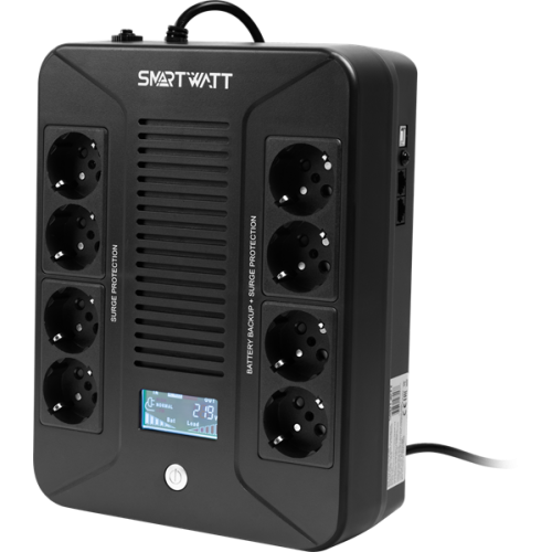 SMARTWATT ИБП линейно-интерактивный, мощность 600/360 ВА/Вт, напольный/настенный, LCD дисплей, Shuko CEE7/4 - 8 шт. (4 шт. с резервным питанием, 4 шт. - сетевой фильтр), встроенные АКБ