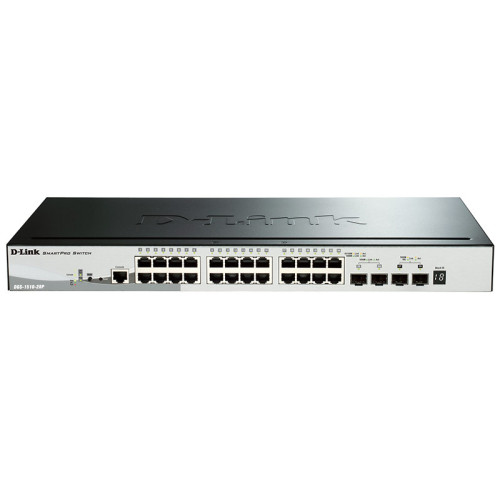 D-Link DGS-1510-28P/A1A, PROJ L2+ Smart Switch with 24 10/100/1000Base-T ports and 2 1000Base-X SFP ports and 2 10GBase-X SFP+ ports (24 PoE ports 802.3af/802.3at (30 W), PoE Budget 193W).16K Mac add