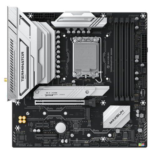 MAXSUN MS-Terminator B860M WIFI, LGA1851, B860, 4*DDR5, 4*SATA3, 3*M.2, USB 3.2, USB 2.0, Type-C, 1*PCIEx16, 1*PCIex4, 1*PCIex1, HDMI+DP, mATX