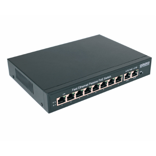 OSNOVO SW-21000/A(120W) Passive PoE коммутатор Fast Ethernet на 10 портов. Порты: 8 х FE (10/100 Base-T, 52V 4,5(+) 7,8(–)) совместимы с PoE (IEEE 802.3af/at), 2 x FE (10/100 Base-T) Uplink. Совместим