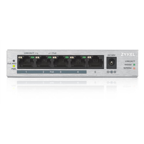 Коммутатор PoE+ Zyxel GS1005HP, 5xGE (4xPoE+), настольный, металлический, бесшумный, бюджет PoE 60 Вт