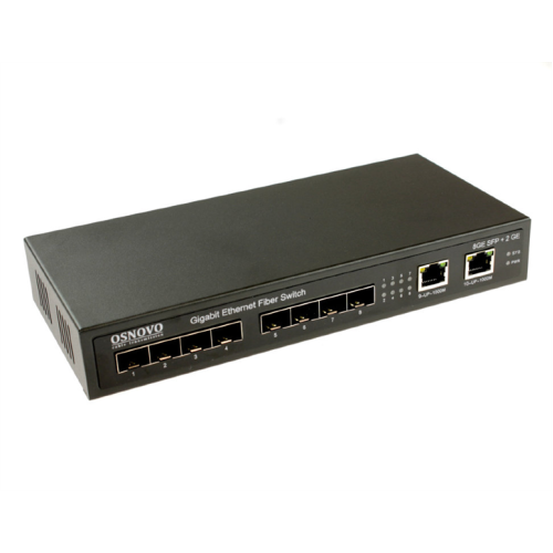 OSNOVO SW-7028 Коммутатор Gigabit Ethernet на 8 SFP + 2 RJ45 портов. Порты: 8 x GE SFP (1000Base-FX), 2 x GE (10/100/1000Base-T). Поддержка режима изоляции портов (VLAN). В комплекте БП DC12V (2A). Ра