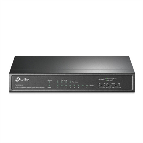 TP-Link TL-SF1008P, 8-портовый 10/100 Мбит/с настольный PoE коммутатор, 8 портов RJ45 10/100 Мбит/с + 4 порта PoE, IEEE 802.3af, бюджет PoE 57 Вт, стальной корпус