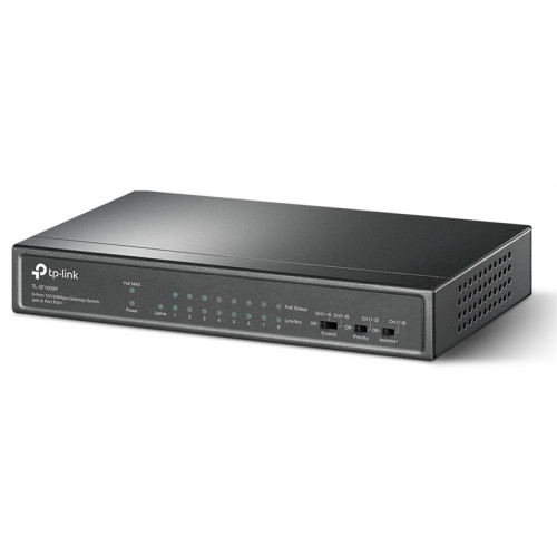 TP-Link TL-SF1009P, 9-портовый 10/100 Мбит/с неуправляемый PoE коммутатор, 8 портов PoE+, IEEE 802.3af/at, бюджет PoE 65 Вт, стальной корпус, режим Extend Mode PoE до 250 метров