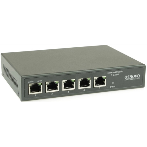 OSNOVO SW-5D-1 Коммутатор 2.5G Ethernet на 5 RJ45 портов. Порты: 5 x 2.5G (10/100/1000/2500Base-TX). Auto MDI/MDIX. Встроенная грозозащита 3кВ. В комплекте БП DC12V(2A). Размеры (ШхВхГ): 160x31x112мм.