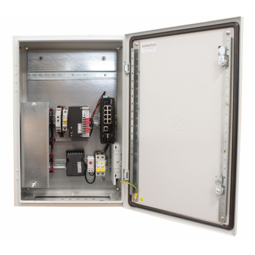 OSNOVO OS-46TB1(SW-60812/I) Уличный коммутатор с термостабилизацией и резервным питанием на базе уличной станции OSNOVO OS-46TB1. Порты: 6 x FE (10/100Base-T) с PoE (до 30W) + 2 x FE (10/100Base-T) с