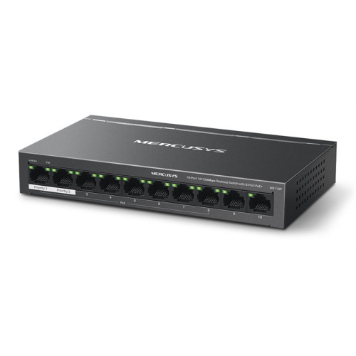 MERCUSYS MS110P, Настольный коммутатор с 10 портами 10/100 Мбит/с (8 портов PoE+) 802.3af/at, бюджет PoE — 65 Вт