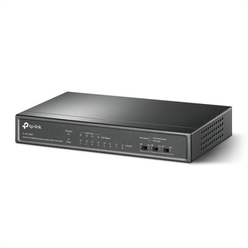 TP-Link TL-SF1008P, 8-портовый 10/100 Мбит/с настольный PoE коммутатор, 8 портов RJ45 10/100 Мбит/с + 4 порта PoE, IEEE 802.3af, бюджет PoE 57 Вт, стальной корпус
