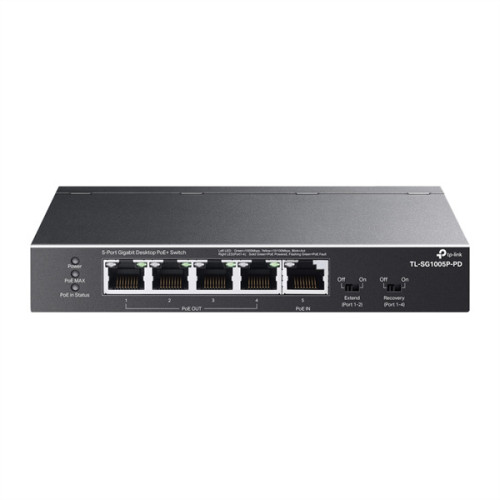 TP-Link TL-SG1005P-PD, Настольный коммутатор с 5 гиг. портами (1 порт с входящим PoE++, 4 порта с исходящим PoE+), бюджет PoE: 9, 21, 47 или 66 Вт (зависит от используемого стандарта входящего PoE)